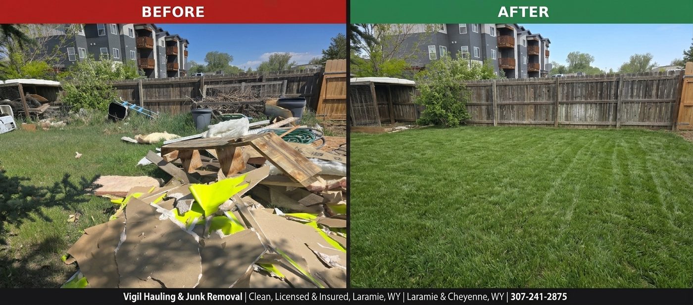 Backyard before and after junk removal clean-out, Laramie WY