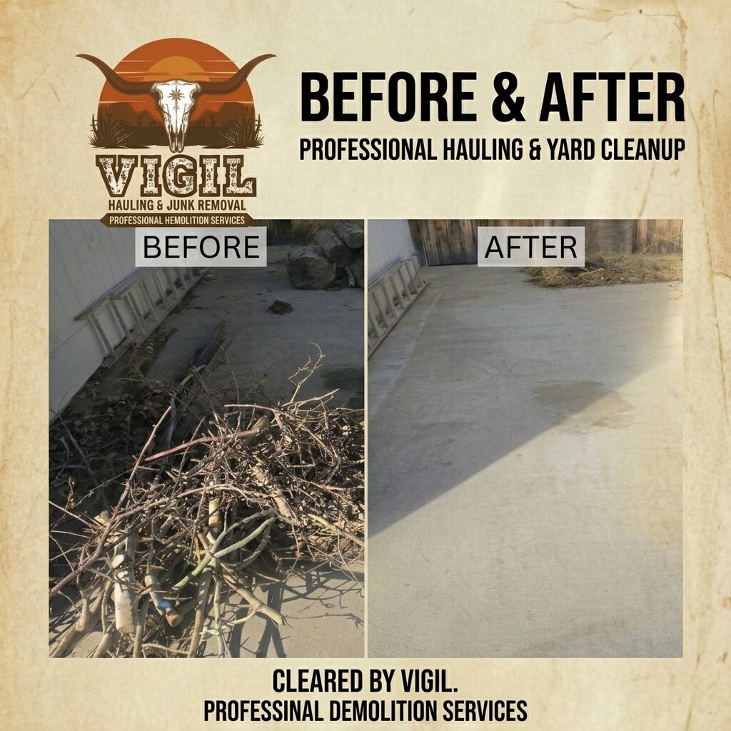 Concrete pad before and after yard debris cleanup, Laramie WY