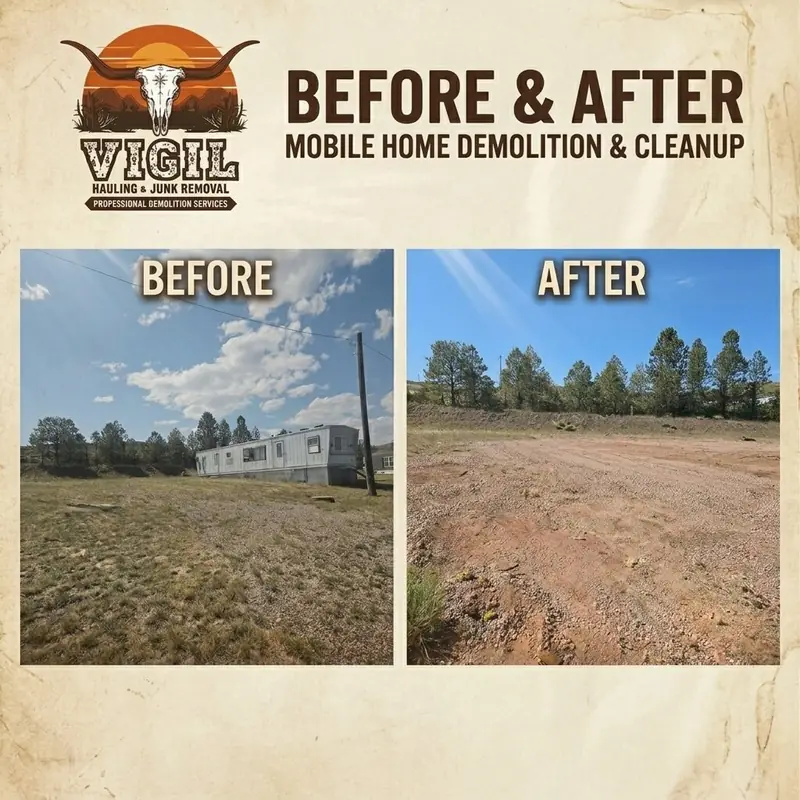 Mobile home before and after demolition and site cleanup in Albany County, WY