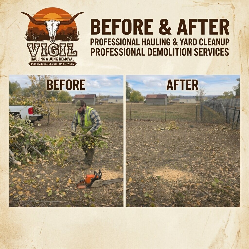 Yard before and after brush and debris cleanup, Laramie WY