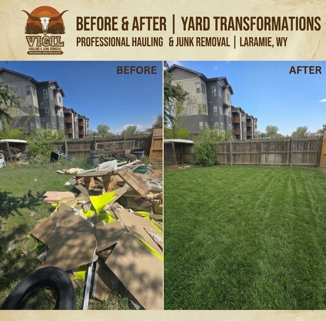 Apartment backyard before and after junk removal clean-out, Laramie WY