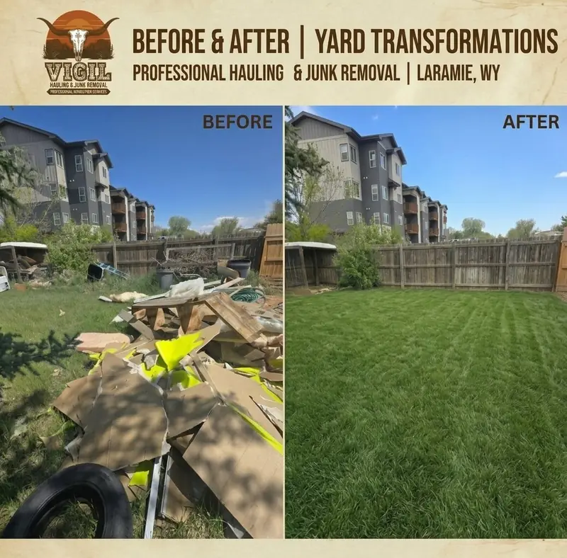 Backyard before and after a cleanout in Laramie, WY